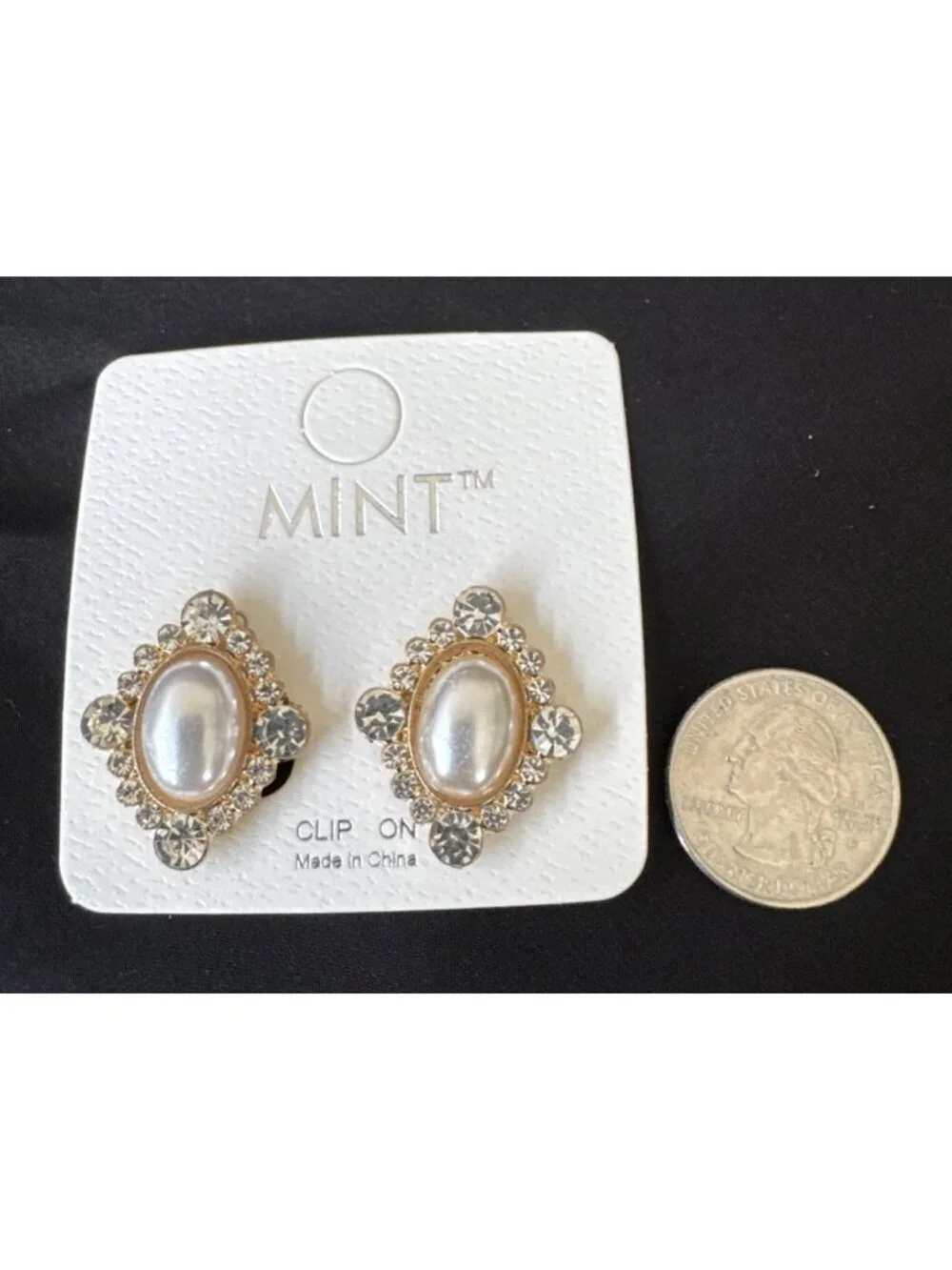Mint Rhinestone Faux Gold Pearl CZ Fashion Clip On Earrings 1.1